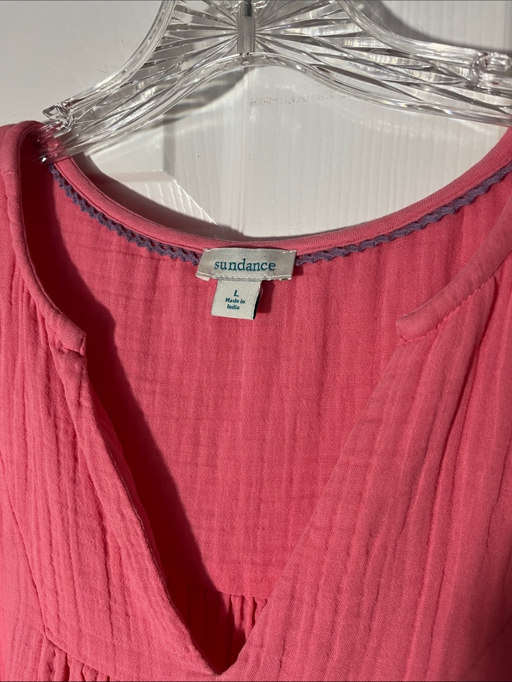 Sundance KAORI cotton crinkle gauze coral pullover short bell sleeves vneck LG - Picture 2 of 9